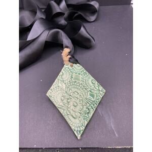 TLL Signed Green Asymmetrical Ceramic Tile Pendant Black Ribbon Necklace